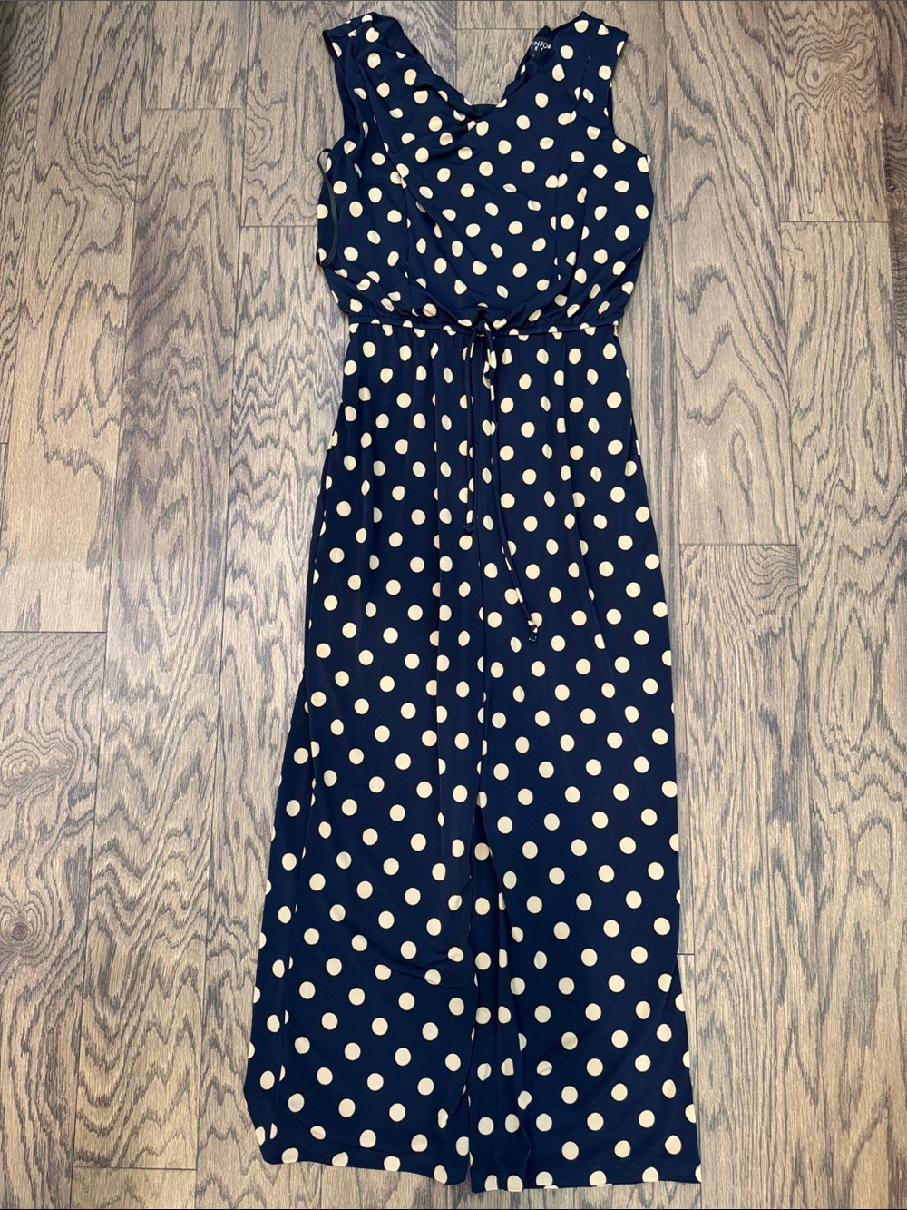 Enfocus Studio Navy and Tan Polka Dot Maxi Jumpsuit with Tie Waist
